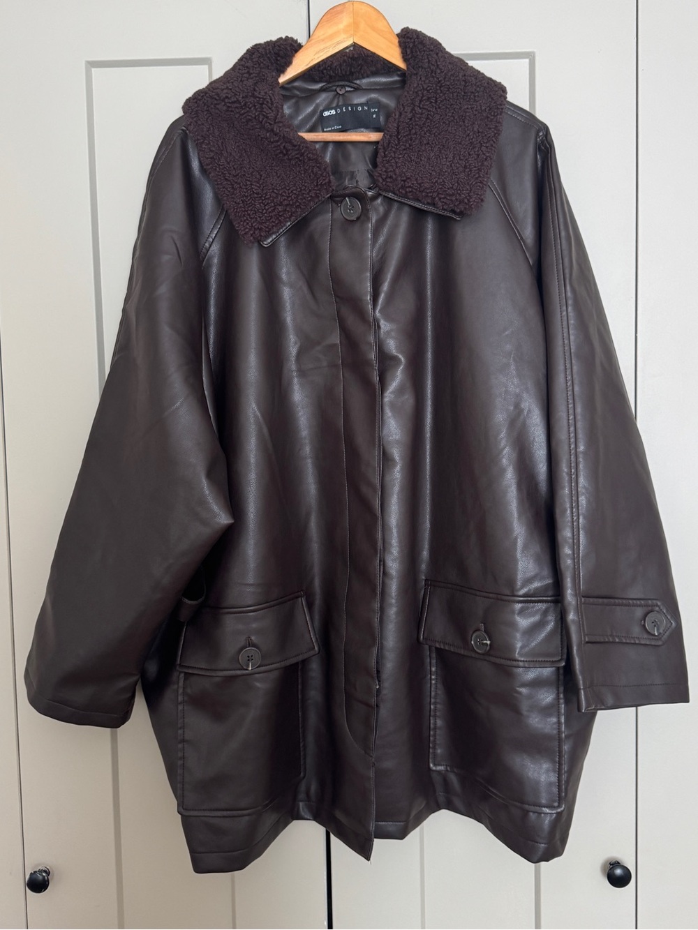 Chocolate Brown Leather-Look Jacket with Borg Collar | ASOS CURVE